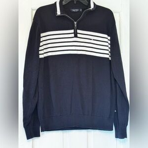 Nautica Men’s Navy Zip Mock Collar Sweater with White Chest Stripes